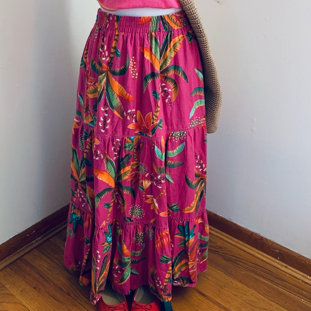 Pink and Green Tiered Maxi Skirt for Resort Wear